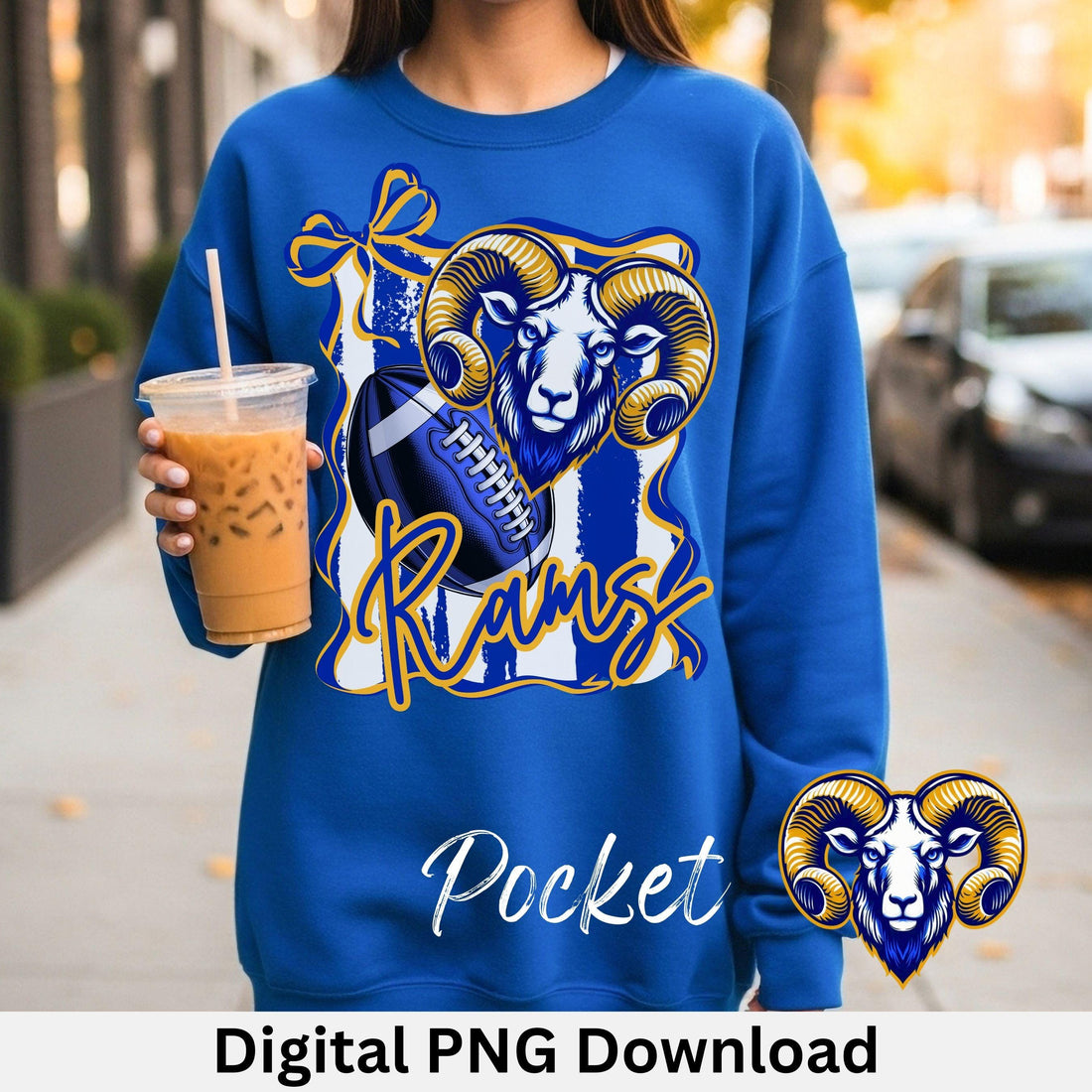 Rams Coquette Bow Stripe Design PNG Blue Gold
