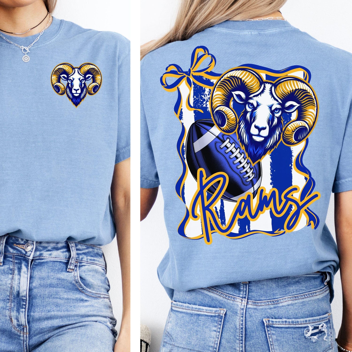 Rams Coquette Bow Stripe Design PNG Blue Gold