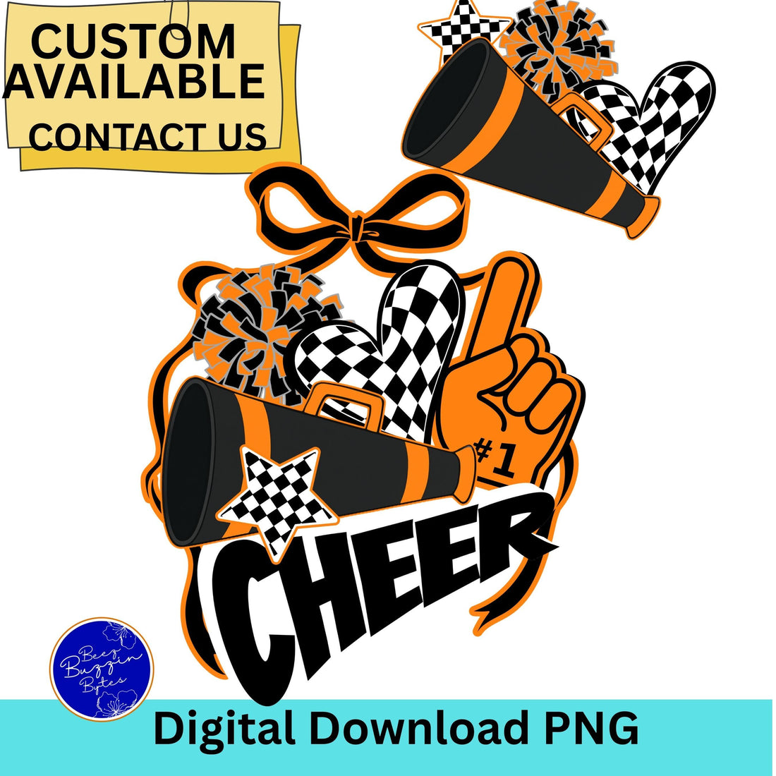 Cheer Spirit Black & Orange Coquette Bow PomPom Design PNG