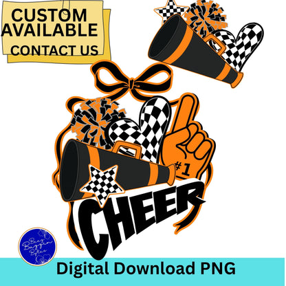 Cheer Spirit Black &amp; Orange Coquette Bow PomPom Design PNG