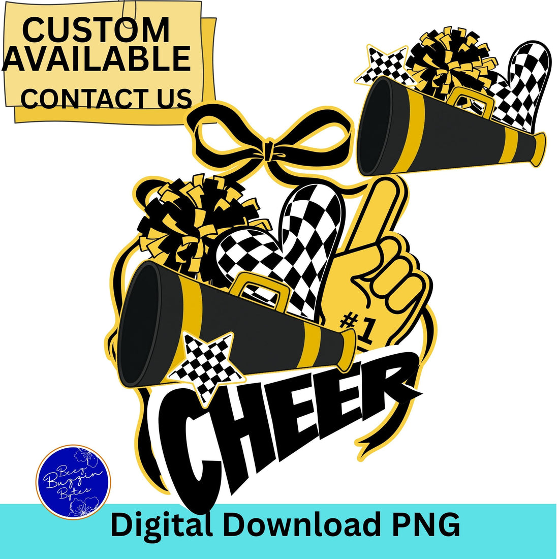 Cheer Spirit Black &amp; Gold Coquette Bow PomPom Design PNG