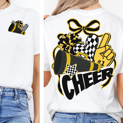 Cheer Spirit Black &amp; Gold Coquette Bow PomPom Design PNG