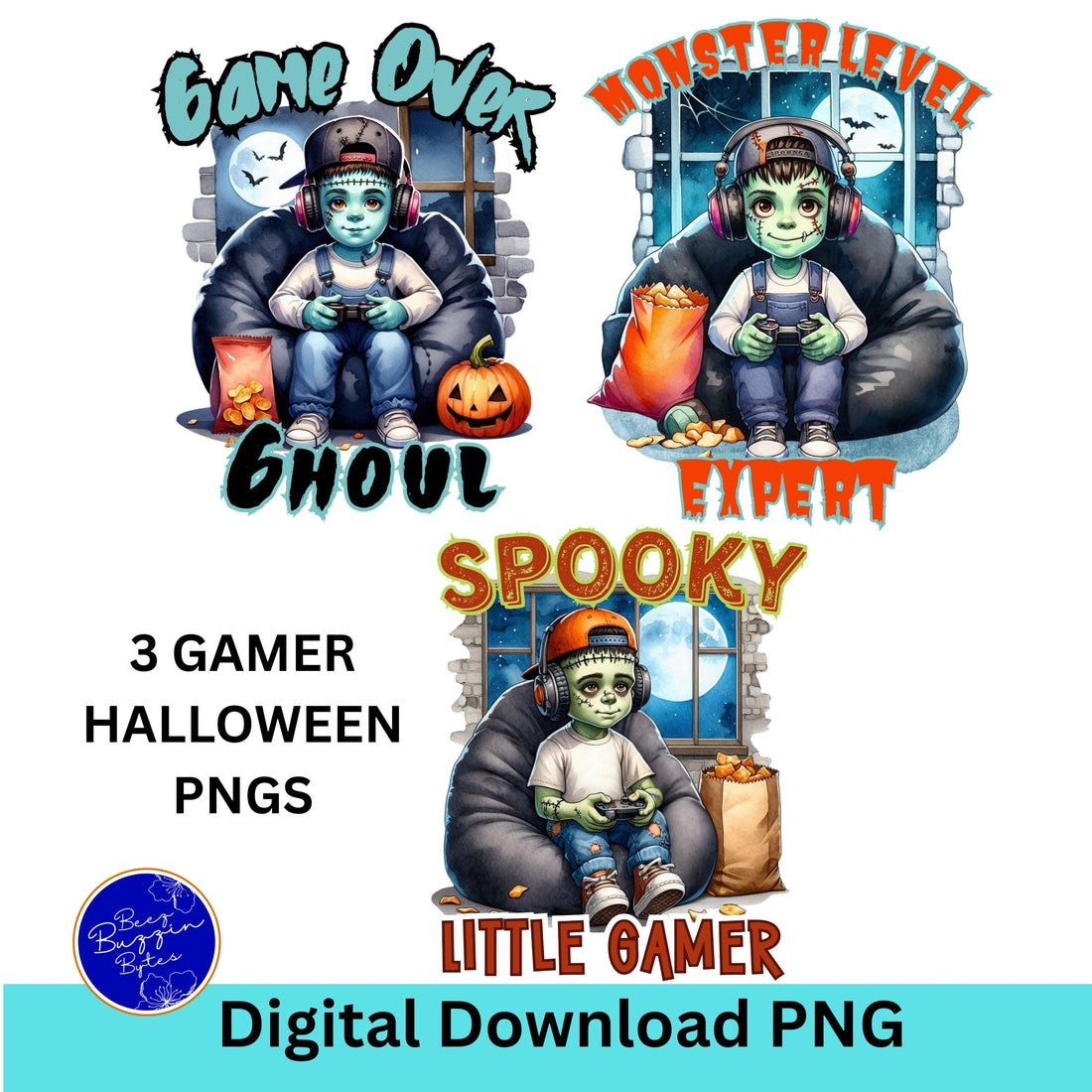 Halloween Gamer Frankenstein-style Boys PNG Bundle