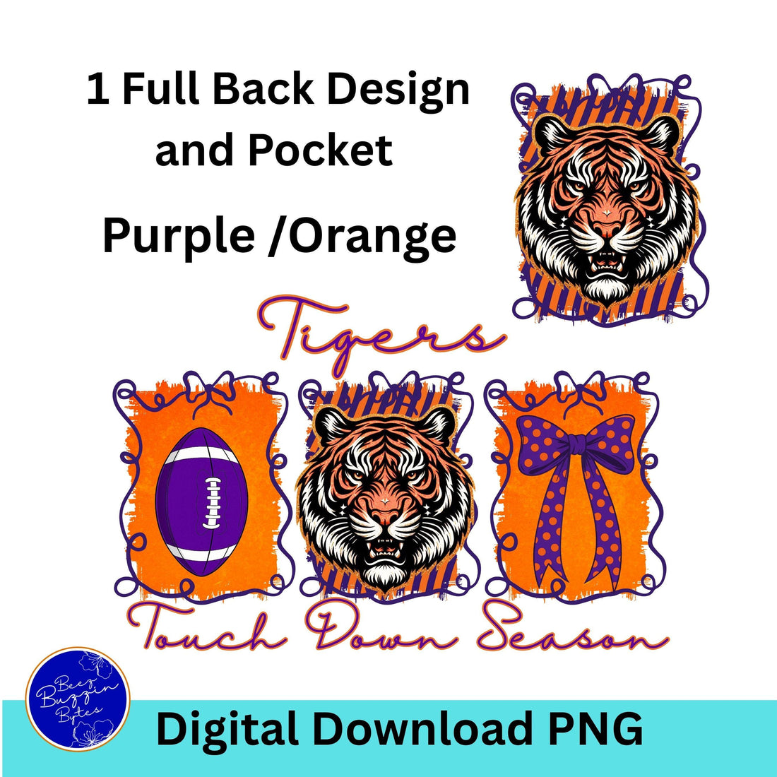 Tigers Coquette Bow Touch Down Season Football PNG Purple Orange
