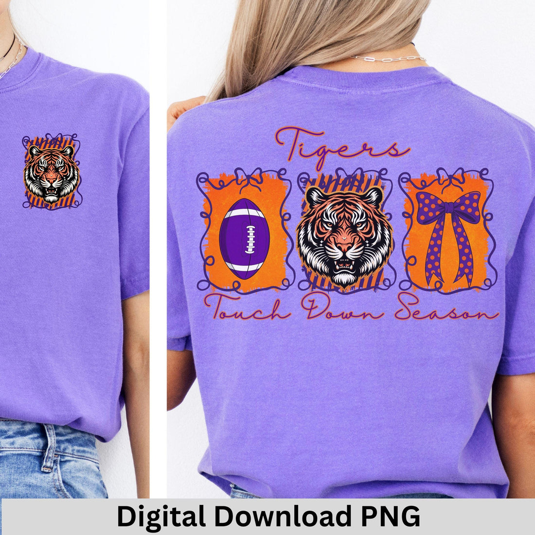 Tigers Coquette Bow Touch Down Season Football PNG Purple Orange