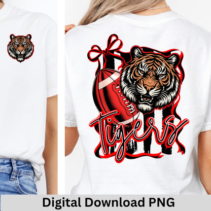 Tigers Coquette  Bow Stripe Design Football PNG Red