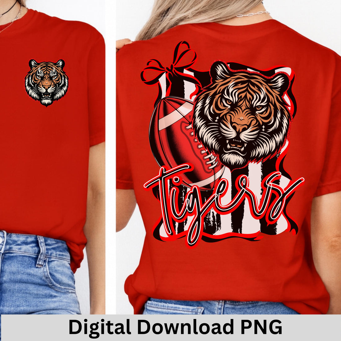 Tigers Coquette  Bow Stripe Design Football PNG Red