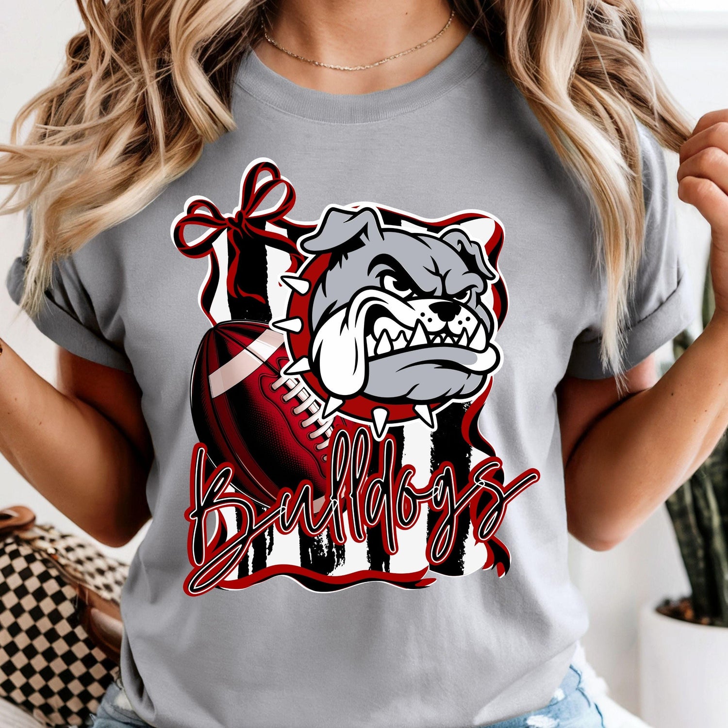 Bulldogs Red Black Coquette Stripe Football PNG