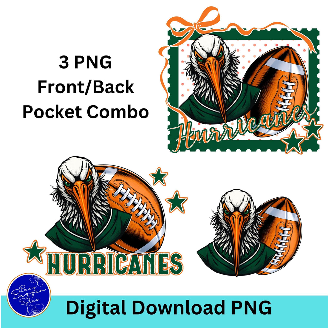Hurricanes Trendy Stamp Coquette Bow Football PNG Green Orange