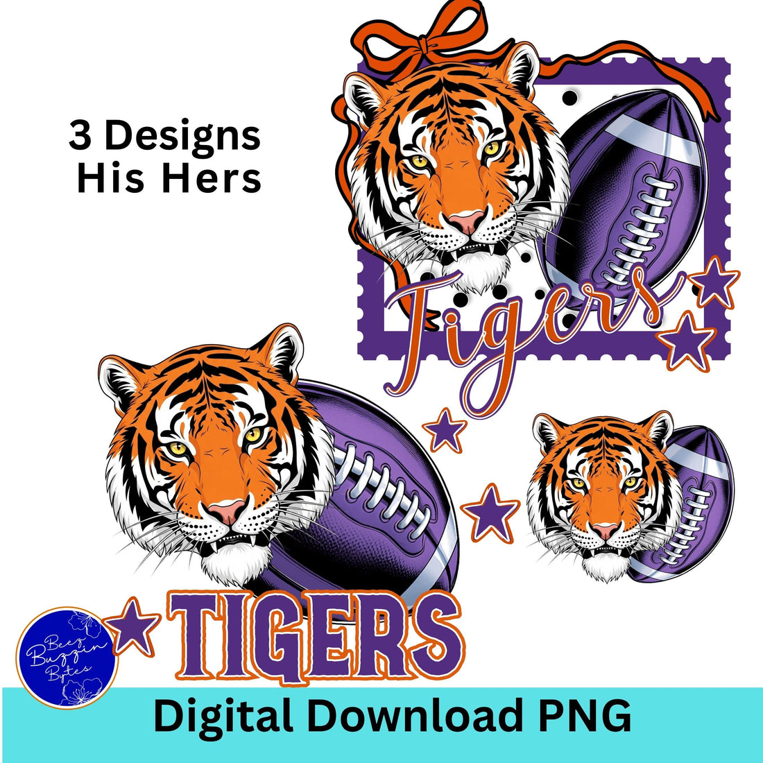 Tigers Trendy Stamp Coquette Bow Football PNG Purple Orange
