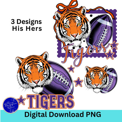 Tigers Trendy Stamp Coquette  Bow Football PNG Purple Orange