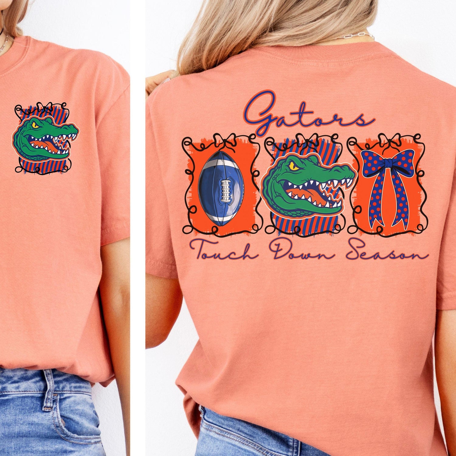 Gators Blue Orange Coquette Bow Football Touch Down Season PNG