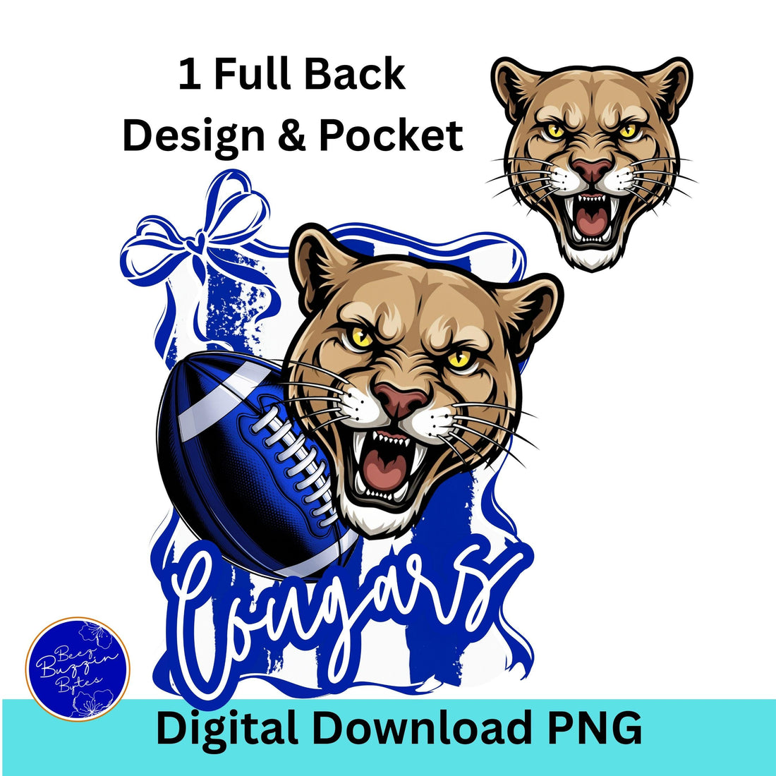 Cougars Blue White Trendy Coquette Bow & Stripe Design Game Day PNG