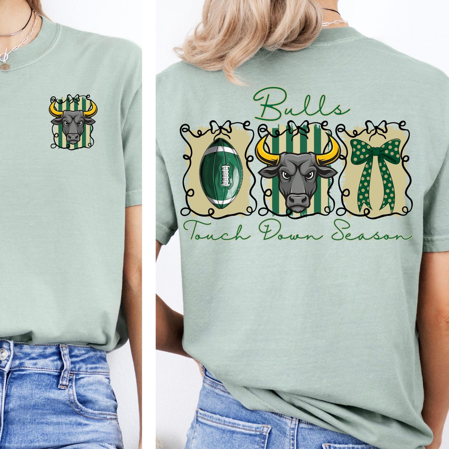 Bulls Green Gold Coquette Bow Football Touch Down Season PNG