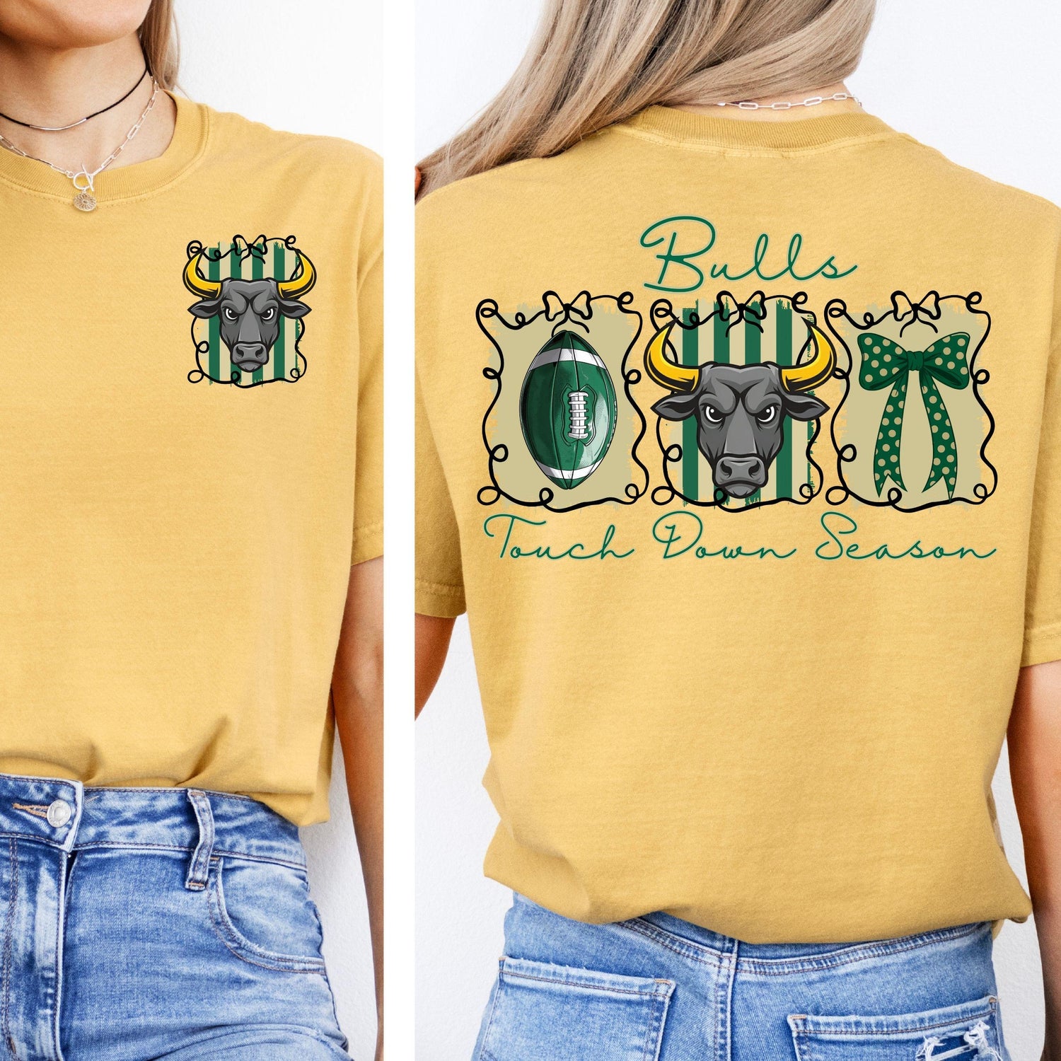 Bulls Green Gold Coquette Bow Football Touch Down Season PNG