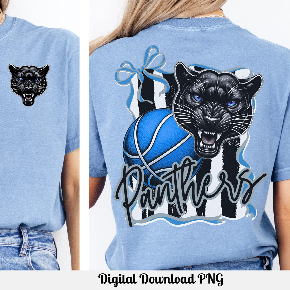 Panthers Basketball Coquette  Bow Stipe Pattern PNG Black Blue