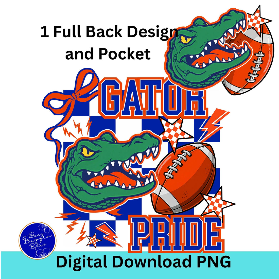 Gators Blue Orange Coquette Bow -Trendy Checker Design PNG