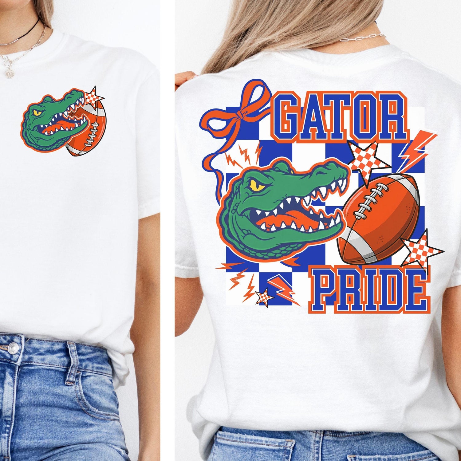 Gators Blue Orange Coquette Bow -Trendy Checker Design PNG