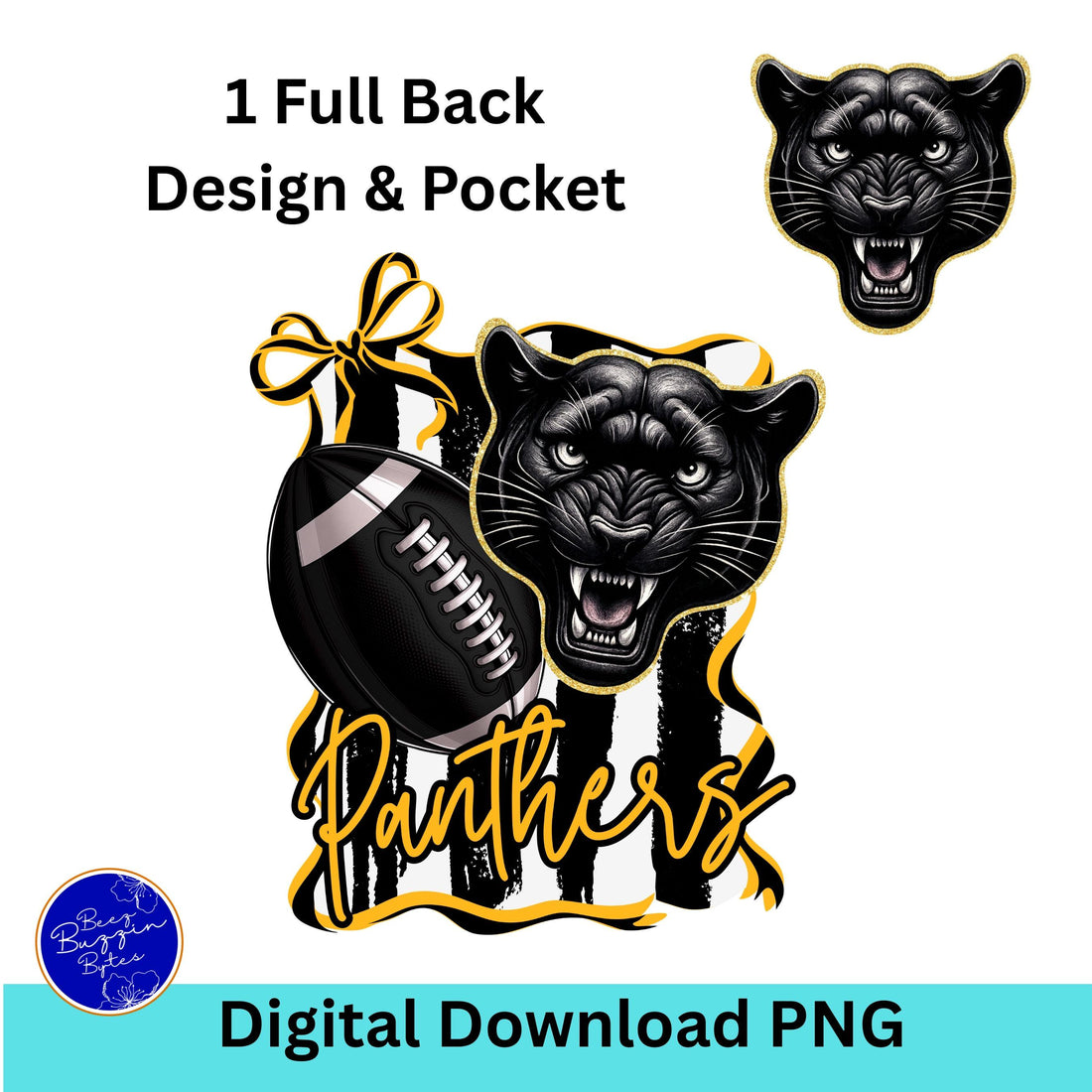 Panthers Coquette Bow Stripe Design Football PNG Black Gold