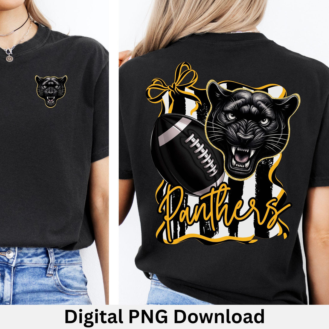 Panthers Coquette Bow Stripe Design Football PNG Black Gold