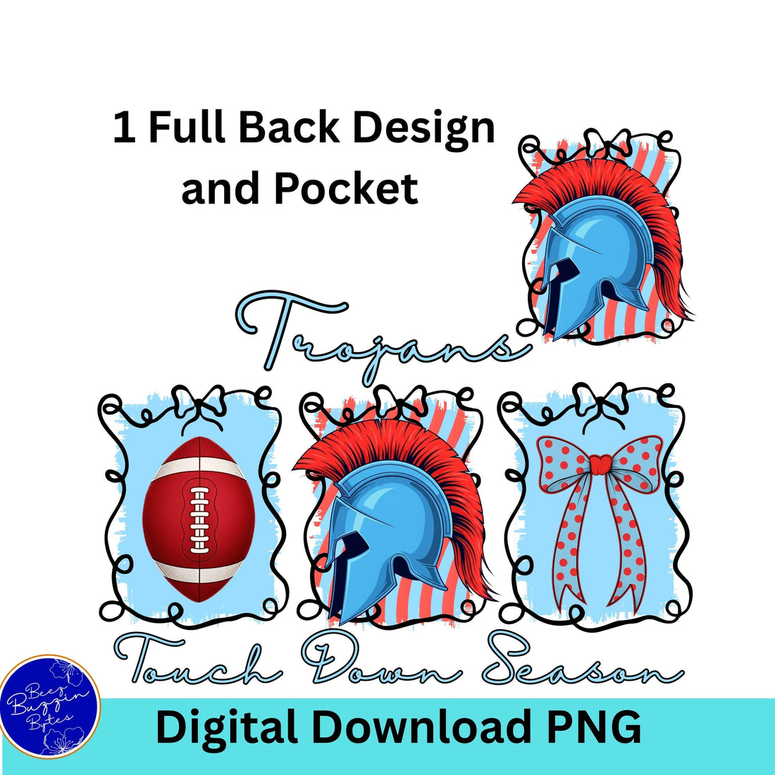 Trojans Coquette Bow Touch Down Season Football Light Blue Red PNG