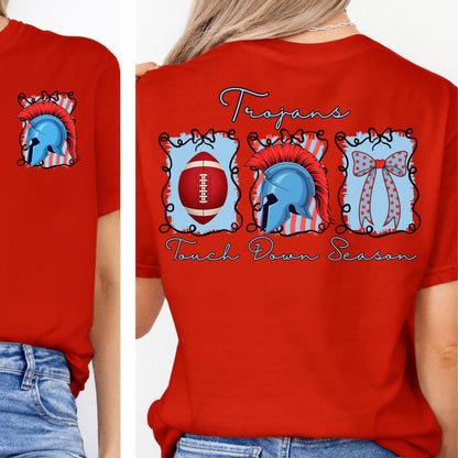 Trojans Coquette Bow Touch Down Season Football Light Blue Red PNG