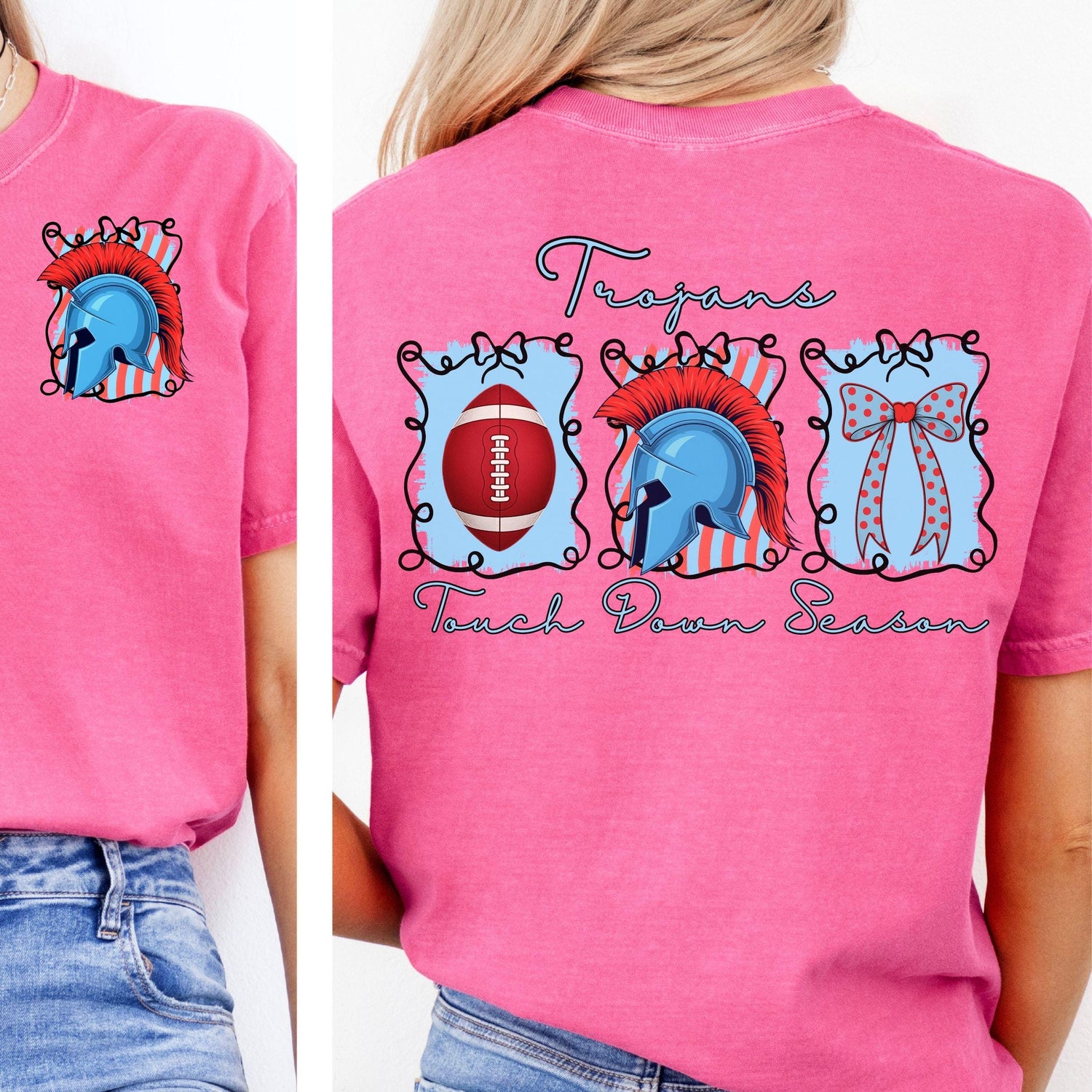 Trojans Coquette Bow Touch Down Season Football Light Blue Red PNG
