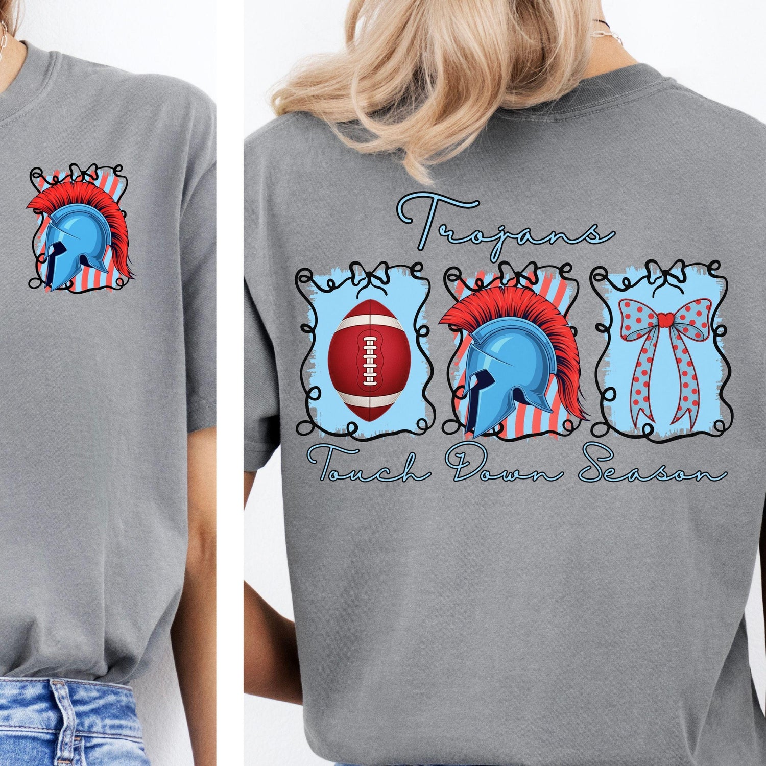 Trojans Coquette Bow Touch Down Season Football Light Blue Red PNG