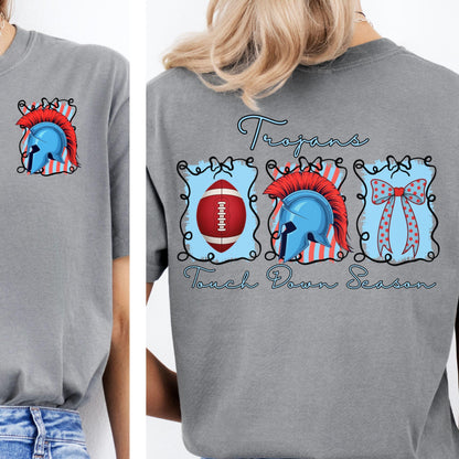 Trojans Coquette Bow Touch Down Season Football Light Blue Red PNG