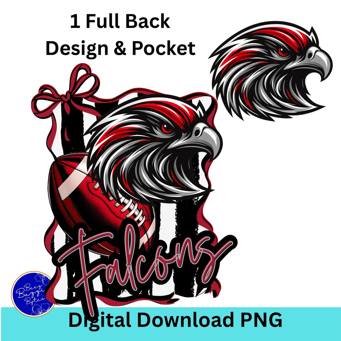 Falcons Red &amp; Black Trendy Coquette Bow &amp; Stripe Design Game Day PNG