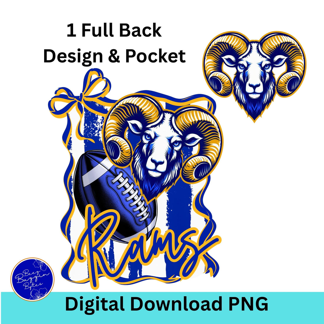 Rams Coquette Bow Stripe Design PNG Blue Gold