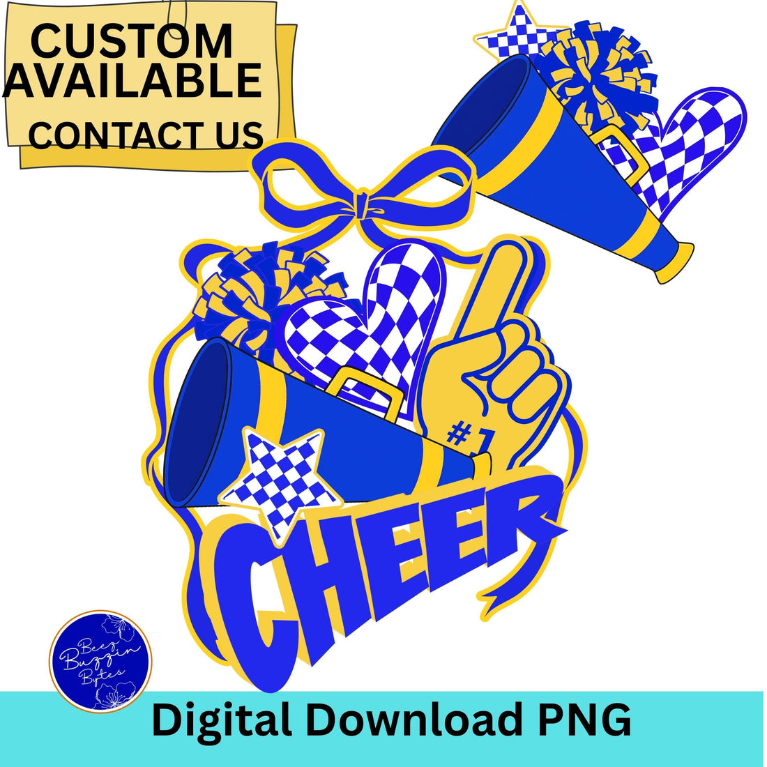 Cheer Spirit Blue & Gold Coquette Bow PomPom Design PNG