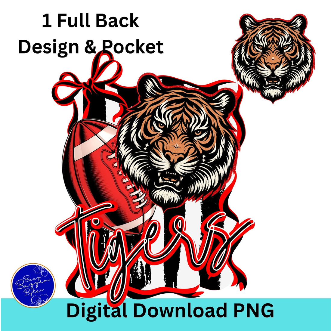 Tigers Coquette  Bow Stripe Design Football PNG Red