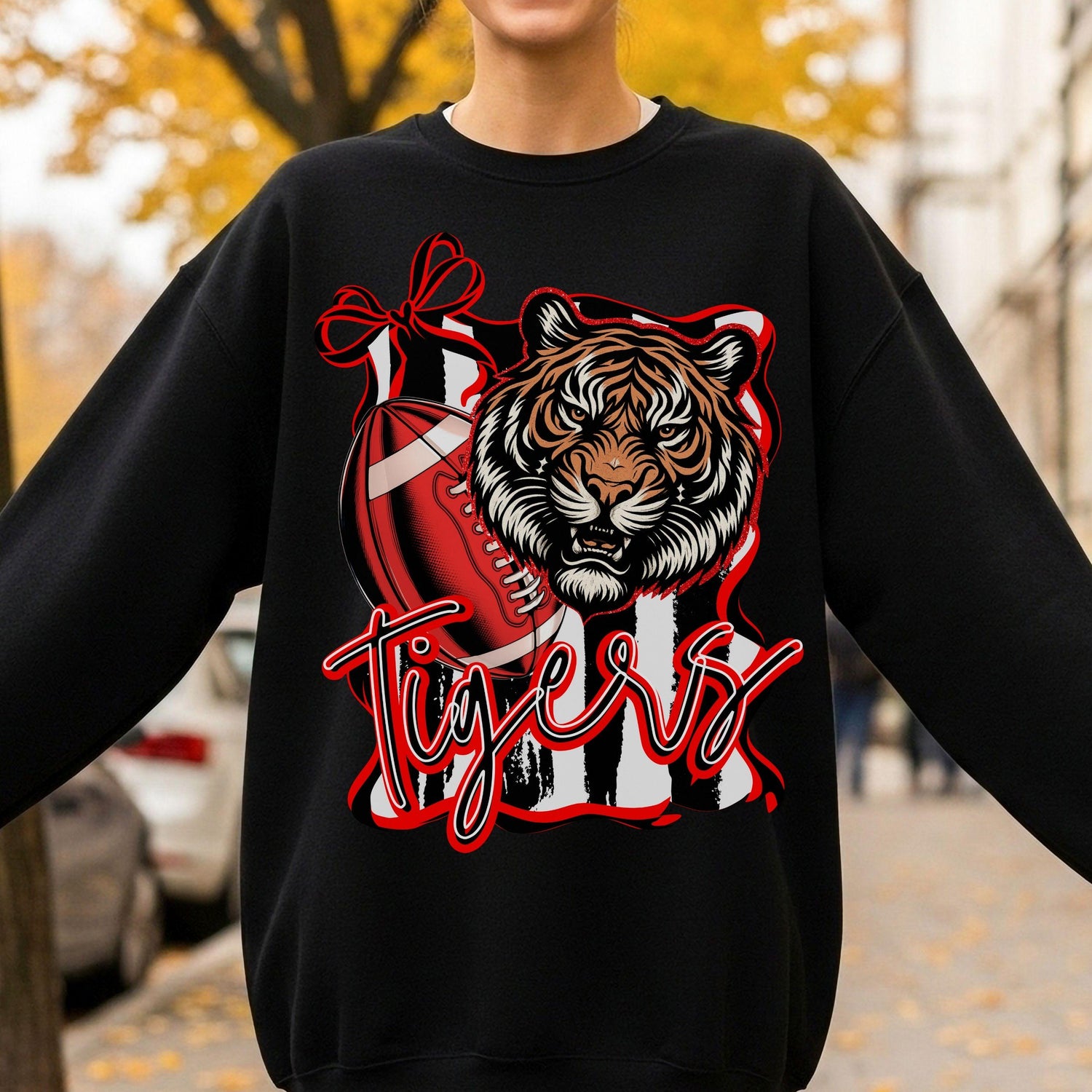 Tigers Coquette  Bow Stripe Design Football PNG Red
