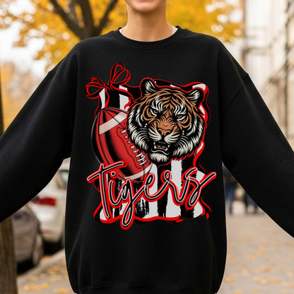 Tigers Coquette  Bow Stripe Design Football PNG Red