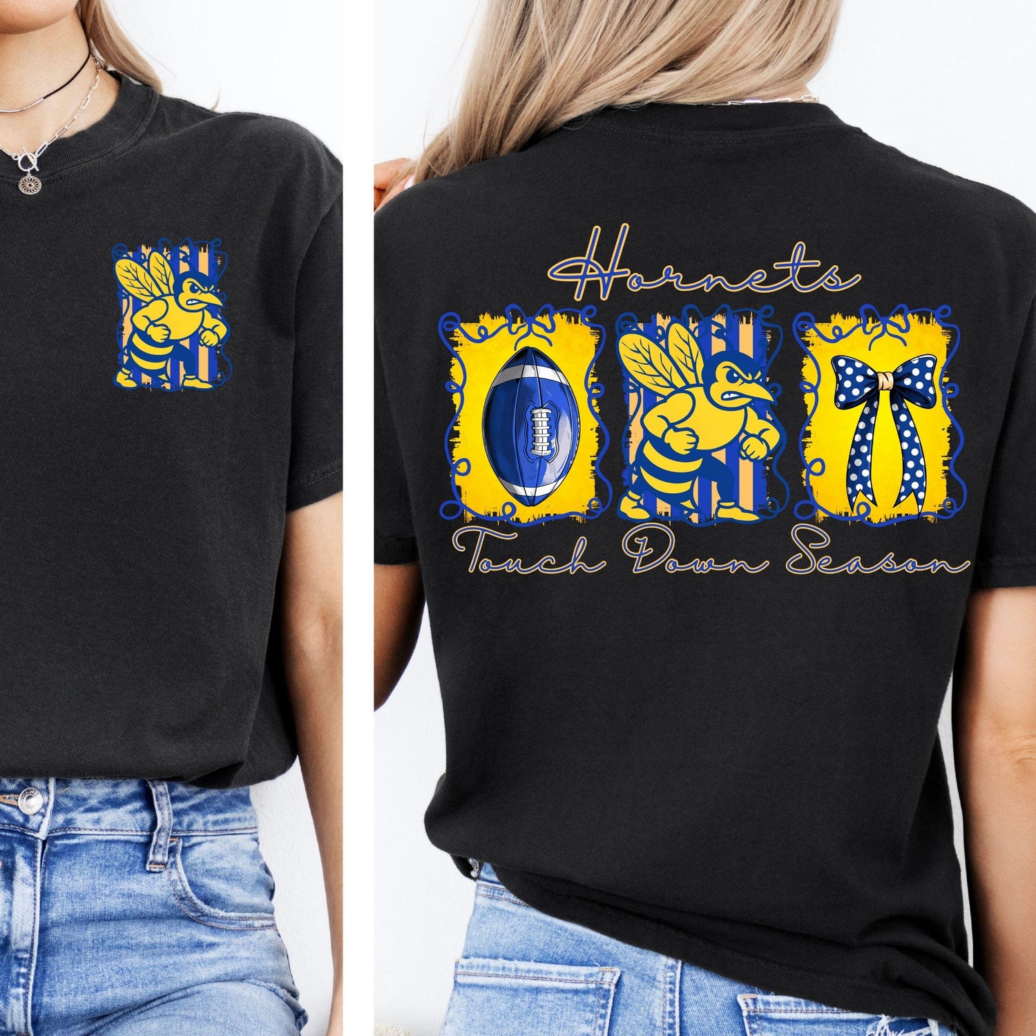 Hornets Blue Yellow Coquette Bow Football Touch Down Season PNG