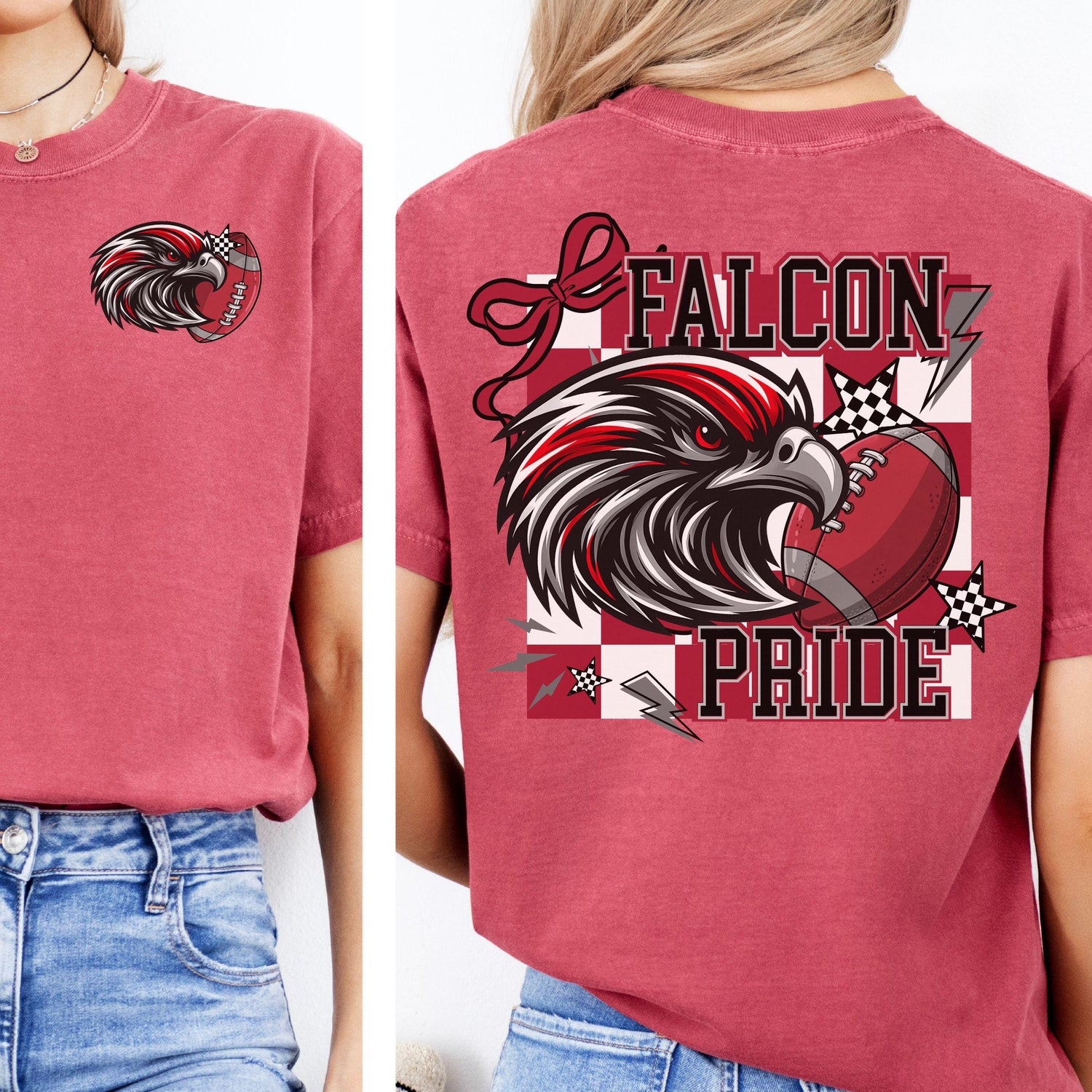 Falcons Red Black Coquette Bow -Trendy Checker Design PNG