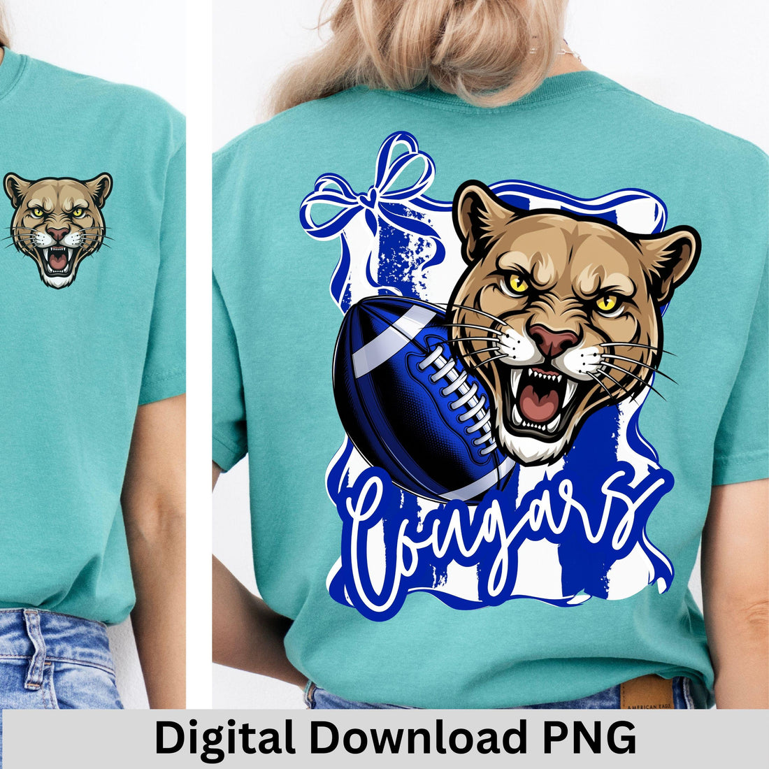 Cougars Blue White Trendy Coquette Bow &amp; Stripe Design Game Day PNG