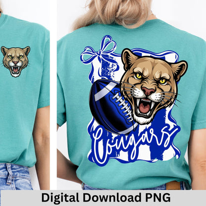 Cougars Blue White Trendy Coquette Bow &amp; Stripe Design Game Day PNG