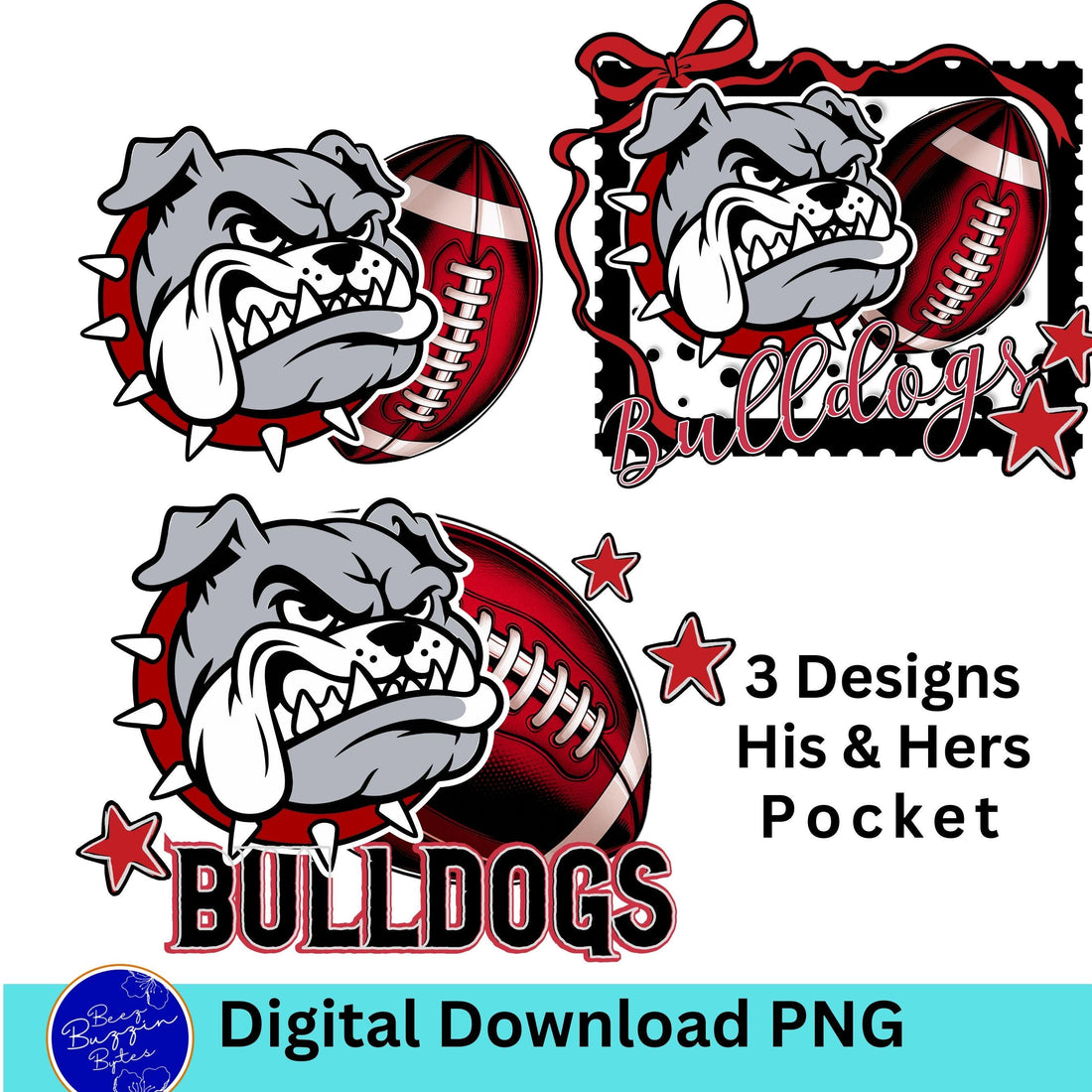 Bulldogs Matching 3 pc Set Coquette Bow Football PNG