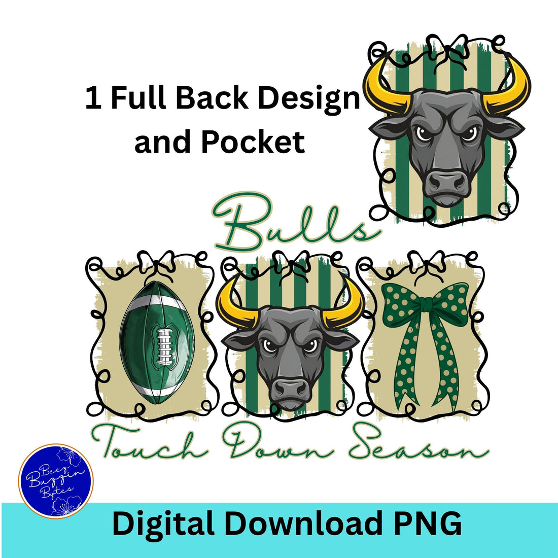 Bulls Green Gold Coquette Bow Football Touch Down Season PNG